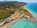 Aerial birds eye view drone photo beach on Rhodes island, Dodecanese, Greece. Panorama with nice lagoon and clear blue water. Royalty Free Stock Photo