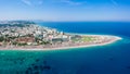 Aerial birds eye view drone photo of Elli beach on Rhodes city island, Dodecanese, Greece. Panorama with nice sand, lagoon and Royalty Free Stock Photo