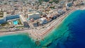 Aerial birds eye view drone photo of Elli beach on Rhodes city island, Dodecanese, Greece. Panorama with nice sand, lagoon and Royalty Free Stock Photo