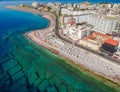 Aerial birds eye view drone photo of Elli beach on Rhodes city island, Dodecanese, Greece. Panorama with nice sand, lagoon and Royalty Free Stock Photo