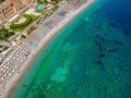 Aerial birds eye view drone photo of Elli beach on Rhodes city island, Dodecanese, Greece. Panorama with nice sand, lagoon and Royalty Free Stock Photo