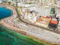 Aerial birds eye view drone photo of Elli beach on Rhodes city island, Dodecanese, Greece. Panorama with nice sand, lagoon and Royalty Free Stock Photo