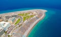 Aerial birds eye view drone photo of Elli beach on Rhodes city island, Dodecanese, Greece. Panorama with nice sand, lagoon and Royalty Free Stock Photo