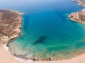 Aerial birds eye view drone photo Prasonisi on Rhodes island, Dodecanese, Greece. Panorama with nice lagoon, sand beach and clear Royalty Free Stock Photo
