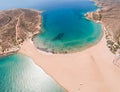 Aerial birds eye view drone photo Prasonisi on Rhodes island, Dodecanese, Greece. Panorama with nice lagoon, sand beach and clear Royalty Free Stock Photo