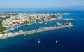 Aerial birds eye view drone photo of Rhodes city island, Dodecanese, Greece. Panorama with Mandraki port, lagoon and clear blue Royalty Free Stock Photo