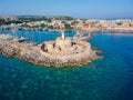 Aerial birds eye view drone photo of Rhodes city island, Dodecanese, Greece. Panorama with Mandraki port, lagoon and clear blue Royalty Free Stock Photo