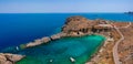 Aerial birds eye view drone photo Saint Paul bay near village Lindos, Rhodes island, Dodecanese, Greece. Sunny panorama with Royalty Free Stock Photo