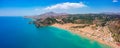 Aerial birds eye view drone photo Tsambika beach near Kolympia on Rhodes island, Dodecanese, Greece. Sunny panorama with sand Royalty Free Stock Photo