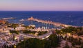 Aerial birds eye view photo taken by drone of Rhodes island old fortified town, popular tourist destination, Dodecanese, Aegean, Royalty Free Stock Photo