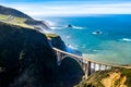 Aerial Bixby Bridge Rocky Creek Bridge and Pacific Coast Highway near Big Sur in California, USA. Drone Shot Royalty Free Stock Photo