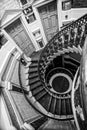 Aerial black and white view of 17th century spiral staircase