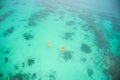 Aerial boat and people in ocean for kayak adventure, travel or journey at sea together in the outdoors. Couple traveling Royalty Free Stock Photo