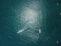 Aerial yacht on calm sea. Luxury cruise trip. View from above of white boat on deep blue water. Aerial view of rich