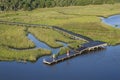 Aerial of boys on dock. Royalty Free Stock Photo