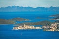 AERIAL: Breathtaking drone point of view of the historic coastal town of Korcula