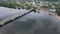 Aerial of bridge across the Delaware river in the historic city New Hope Pennsylvania and Lambertville New Jersey US