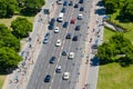 Aerial of busy street and sidewalk traffic with cars and people Royalty Free Stock Photo