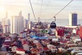 Aerial cableway above city roofs of Batumi, Georgia. Urban landscape with high-rise and ordinary single storey houses and sea. Royalty Free Stock Photo