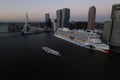 Aerial of the canal De Maas and huge ship AIDA Cruises