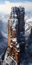 Aerial Cathedral Bluff: A Snowy Mountain Rock Formation