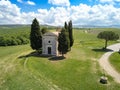 Aerial of chapel of Capella di Vitaleta in Tuscan Val d`Orcia Royalty Free Stock Photo