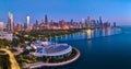 Aerial Chicago Skyline at Dusk with Lake Michigan and Shedd Aquarium Panorama Royalty Free Stock Photo