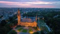 Aerial city night illumination famous Peace Palace Vredespaleis.