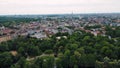 Aerial city scape of Weissensee lake during summer in Prenzlauerberg Berlin Germany