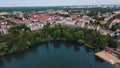 Aerial city scape of Weissensee lake during summer in Prenzlauerberg Berlin Germany