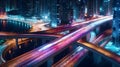 aerial city scene of highway at night - generative AI