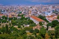 Aerial city view of Athens, capital of Greece. Ancient Agora. Stoa of Attalos, Odeon of Agrippa and Church of Holy