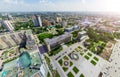 Aerial city view with crossroads and roads, houses buildings. Copter shot. Panoramic image. Royalty Free Stock Photo