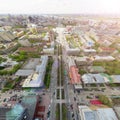 Aerial city view with crossroads and roads, houses buildings. Copter shot. Panoramic image. Royalty Free Stock Photo