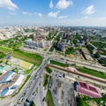 Aerial city view with crossroads and roads, houses buildings. Copter shot. Panoramic image. Royalty Free Stock Photo