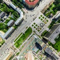 Aerial city view with crossroads and roads, houses buildings. Copter shot. Panoramic image. Royalty Free Stock Photo