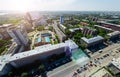 Aerial city view with crossroads and roads, houses buildings. Copter shot. Panoramic image. Royalty Free Stock Photo