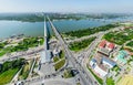 Aerial city view with crossroads and roads, houses buildings. Copter shot. Panoramic image. Royalty Free Stock Photo