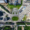 Aerial city view with crossroads and roads, houses buildings. Copter shot. Panoramic image. Royalty Free Stock Photo