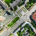 Aerial city view with crossroads and roads, houses buildings. Copter shot. Panoramic image. Royalty Free Stock Photo