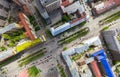 Aerial city view with crossroads and roads, houses buildings. Copter shot. Panoramic image. Royalty Free Stock Photo