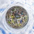 Aerial city view with crossroads and roads, houses buildings. Copter shot. Panoramic image.