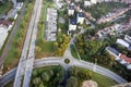 Aerial city view, houses, intersections, bridge, rails, Brno, Cz