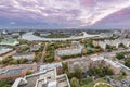 Aerial city view by the river at sunset. Moscow