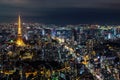 Aerial cityscape of the illuminated modern Tokyo city with long exposure light trails