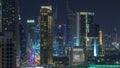 Aerial cityscape at night with illuminated modern architecture in Downtown of Dubai, United Arab Emirates. Royalty Free Stock Photo