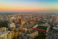 Aerial cityscape of Povoa de Varzim, Portugal at dusk with blue-orange gradient sky