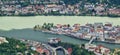 Aerial cityscape of the three river Inn and Ilz into the Danube. Passau, Germany Conjuction of tree rivers Danube, Inn and Ilz.