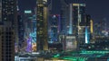 Aerial cityscape timelapse at night with illuminated modern architecture in Downtown of Dubai, United Arab Emirates. Royalty Free Stock Photo