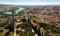 Aerial cityscape of Tudela with view of large Jesus statue